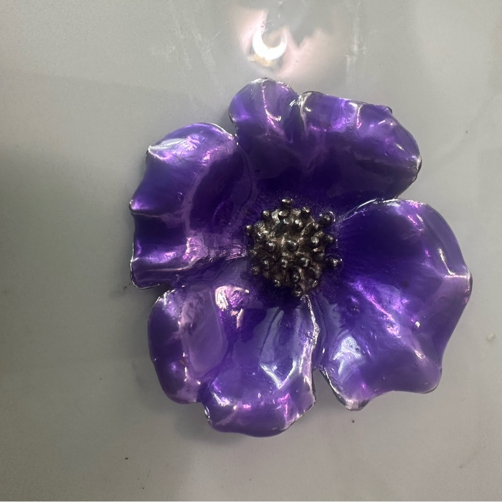 Purple enamel poppy Flower pendant / brooch